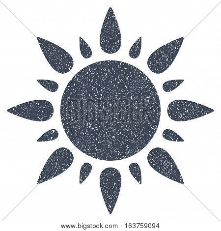 Sun grainy textured icon for overlay watermark stamps. Flat symbol with scratched texture. Dotted vector smooth blue ink rubber seal stamp with grunge design on a white background.