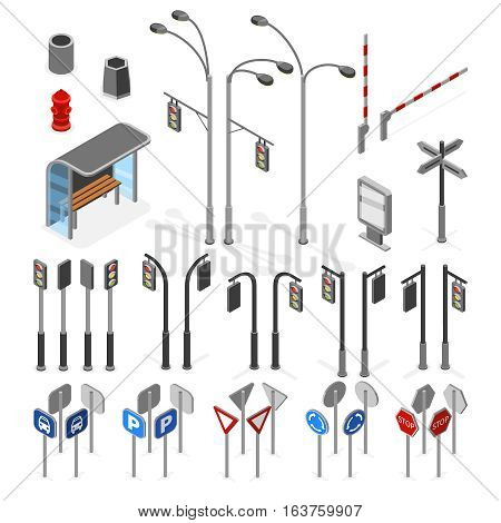 Isometric 3d street, road vector objects icons set. Traffic street signs, illustration of transportation signal sign