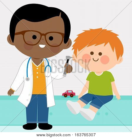 Vector illustration of a male pediatrician examining a little boy's ear with an otoscope .