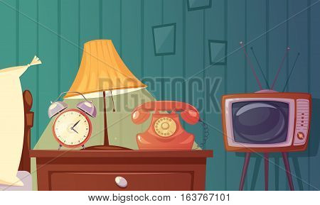 Retro gadgets cartoon composition with alarm clock phone tv lamp nightstand in bedroom vector illustration