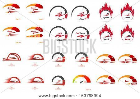 Set of 24 speedometer scales. Concept of speed and acceleration. Automobile subject. Car theme. Global communications. Vector element of graphic design.