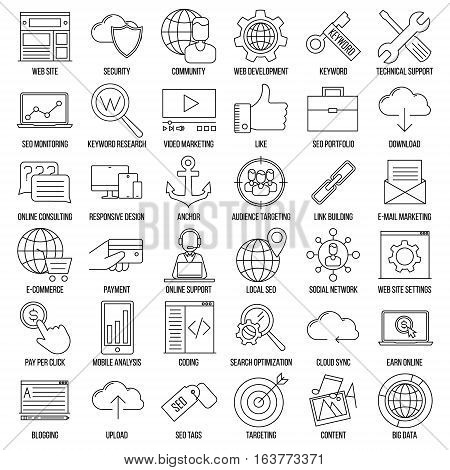 SEO icons. Internet and development signs. Web site, keyword, anchor, SMM, technical support, video marketing and other things. Line art vector illustration.