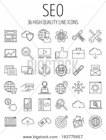 SEO icons. Internet and development signs. Web site, keyword, anchor, SMM, technical support, video marketing and other things. Line art vector illustration.