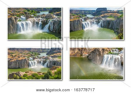 Aerial view collage of Shoshone Falls or Niagara of the West, reflected in Snake River, Idaho, United States. White backgroung.