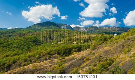 Panoramic landscape in Crimean mountains near Gurzuf resort at fall season.