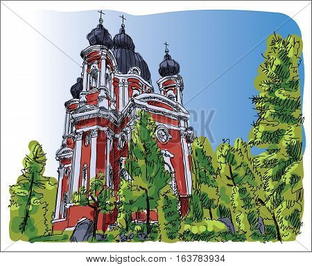 Digital vector sketch of curchi monastery in moldova with blue sky