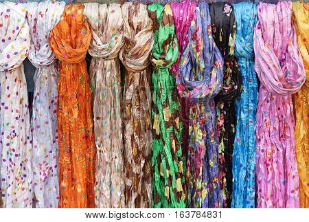 Colorful scarves on an oriental bazaar market in Khiva, Uzbekistan