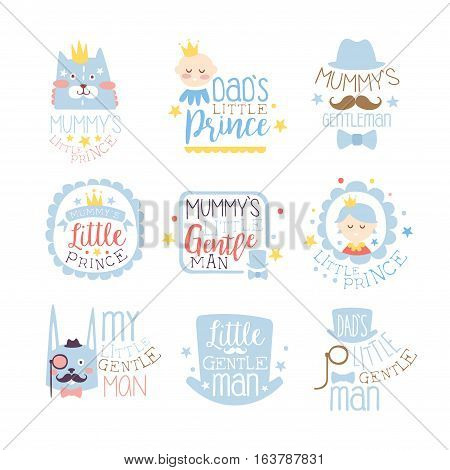 Little Prince Set Of Prints For Infant Boy Room Or Clothing Design Templates In Pink And Blue Color. Vector Labels With Quotes Series Of Childish Posters For Toddler.