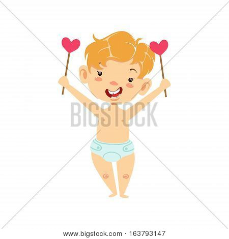Boy Baby Cupid With Two Hearts On Sticks, Winged Toddler In Diaper Adorable Love Symbol Cartoon Character. Happy Infant Cupid Saint Valentines Day Flat Vector Illustration.