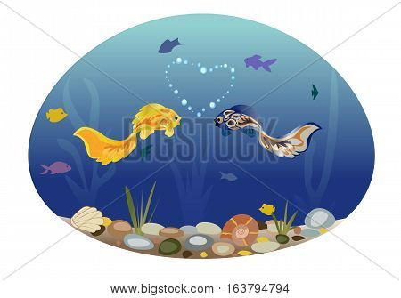 Sea landscape with two cute fish in love. Romantic feeling concept. Greeting card with Valentine's day, suitable for recognition in infatuation,  love, for a sensual design. Vector. Horizontal.