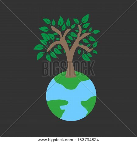 Tree on earth ecology concept.Vector illustration in flat design style. Creative drawing on global environment. Modern template for infographics or logo. Isolated on white background.