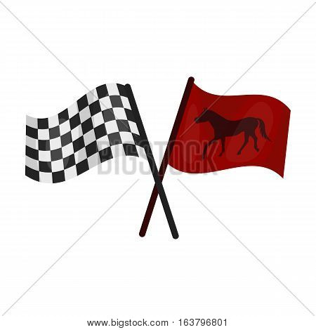 Crossed checkered and equestrian flags icon in cartoon design isolated on white background. Hippodrome and horse symbol stock vector illustration.
