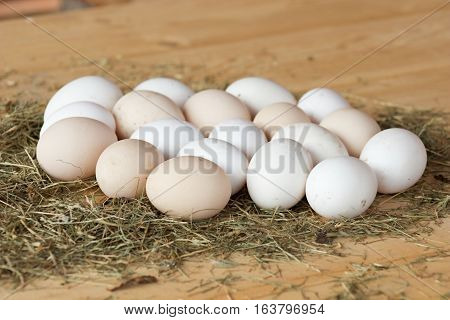 High quality tasty and healthy chicken eggs from domestic hens on wooden mat