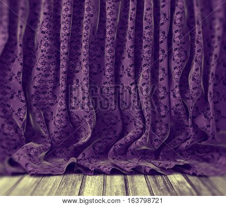 Retro purple floral curtains background anad wood floor background
