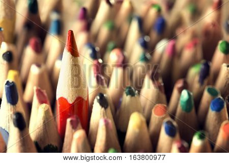 Pencil Leader Concept Sharp in Used Pencils Crowd New Unique Idea in Old Broken Business Closeup
