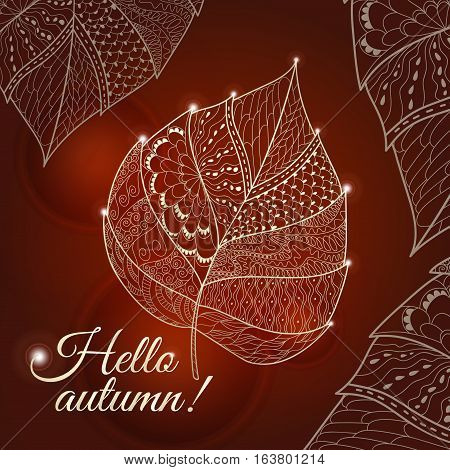 Leaf doodle. Vector autumn doodles card. Hand drawn artwork.