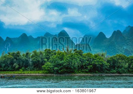 Karst mountains and Lijiang River scenery in the mist