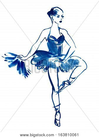 Blue ballerina drawing gouache. Isolated on white background