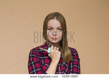 vape girl in the red shirt smoking electronic cigarette