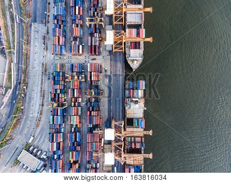Aerial Topdown Shot Of Large Bangkok Shipping Port