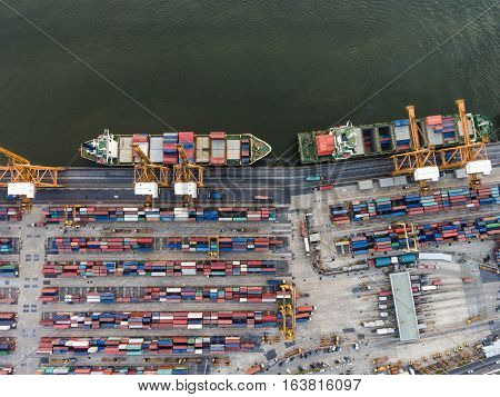 Aerial Topdown Shot Of Large Bangkok Shipping Port