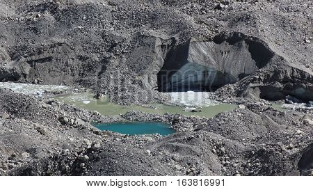 Scene in Gokyo Everest National Park. Detail of the Ngozumpa glacier.