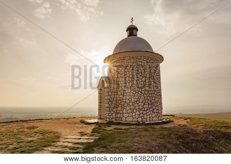 Sunset with chapel near Velke Bilovice in Southern Moravia Palava Czech Republic