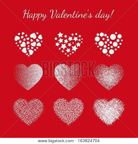 Vector hearts set.  Various templates for cards, valentines. Shape filled with objects - stars, dots, lines. Stylish textures, isolated on white background.