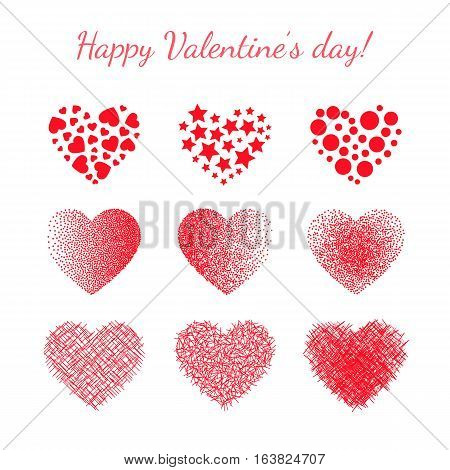 Vector hearts set.  Various templates for cards, valentines. Shape filled with objects - stars, dots, lines. Stylish textures, isolated on white background.