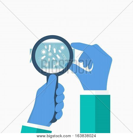 Scientist in laboratory hold in hand microscopy slide, studying the virus bacteria. Medical research, doctor looking through a magnifying glass. Laboratory assistant. Vector illustration flat design.