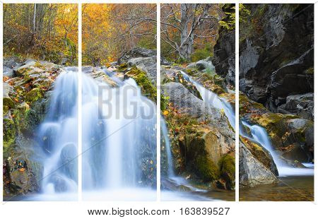 Waterfall in autumn season. Collage of a single photo.