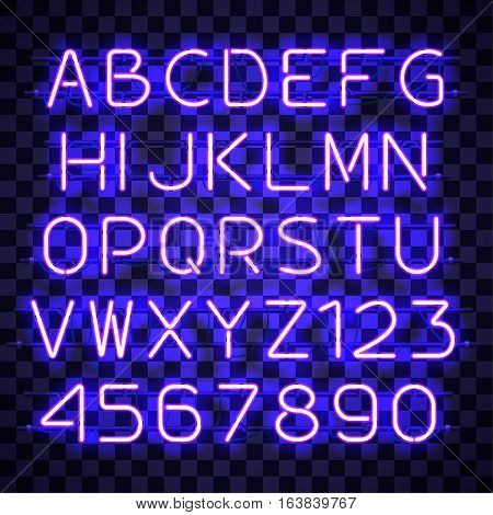 Glowing blue Neon Alphabet with letters from A to Z and digits from 0 to 9 on transparent background. Glowing neon effect. Every letter is separate unit with wires, tubes, brackets and holders.