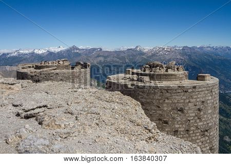 Ruined italian artillery turret on top of Mont Chaberton with Alps panorama. France.
