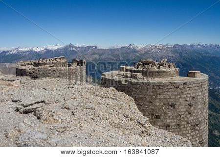 Ruined italian artillery turret on top of Mont Chaberton with Alps panorama. France.