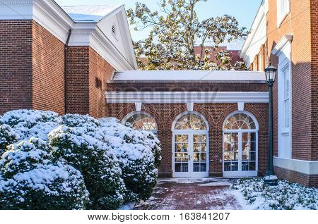 Charlottesville, USA - January 24 2013: Clark Hall covered in snow during winter at University of Virginia