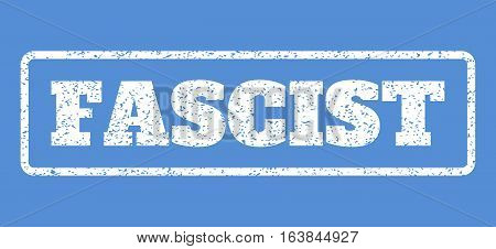 White rubber seal stamp with Fascist text. Vector caption inside rounded rectangular banner. Grunge design and dirty texture for watermark labels. Horisontal emblem on a blue background.