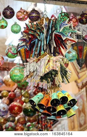 These are Christmas items in an oriental bazaar.