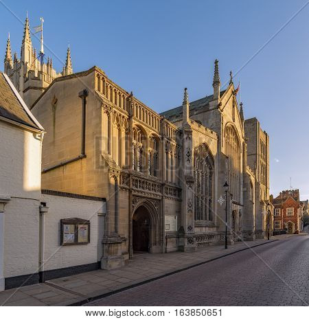Bury St Edmunds, UK. 26th December 2016. The entrance to St Edmundsbury Cathedral in Bury St Edmunds captured at Angel Hill. The cathedral has origins dating back to the 11th Century.