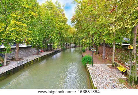 Lithaios river flowing through the city of Trikala Thessaly Greece