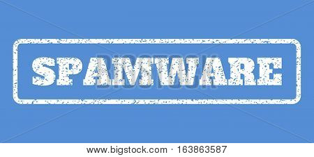 White rubber seal stamp with Spamware text. Vector message inside rounded rectangular shape. Grunge design and dirty texture for watermark labels. Horisontal sign on a blue background.