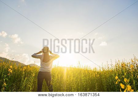 Portrait Of Happy Beautiful Happy Youngwoman Relaxing In Park. Joyful Female Model Breathing Fresh A