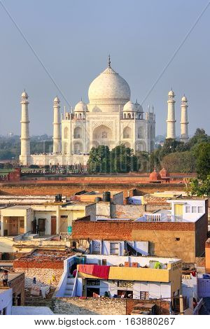 Rooftops Of Taj Ganj Neighborhood And Taj Mahal In Agra, India