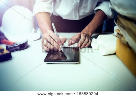 Young Student Of Architecture Engineer Working On Electronic Digital Tablet In Architect Online Lear