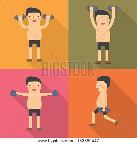 Sport fat man dumbbell flat icon with long shadow Vector illustration