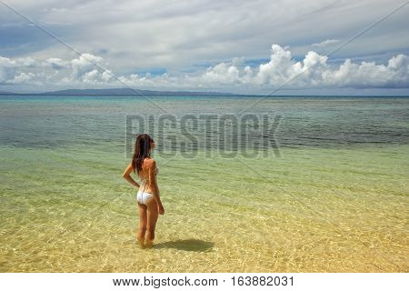 Young Woman In Bikini Standing In Clear Water On Taveuni Island, Fiji