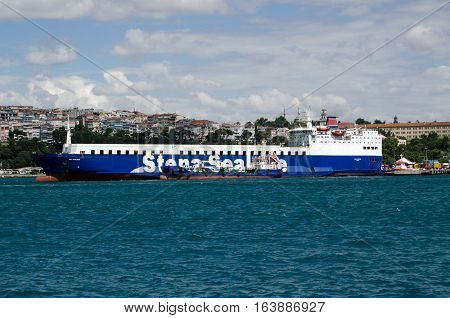 ISTANBUL TURKEY - JUNE 8 2016: The Stena Sealine ferrry Sea Partner docked at Haydarpasa in Istanbul on a sunny Summer afternoon viewed from the Bosphorus. The ferry transports lorries and cargo across the Black Sea to Ukraine.