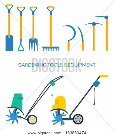 Vector set of gardening tools and equipment: ditch or post spade hoe pitchfork rake sickle mattock pickaxe electric cultivator.