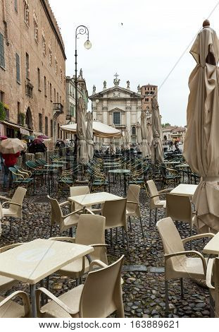 MANTUA, ITALY - MAY 2, 2016:  Sordello Square  into the rainy day. Mantua, Italy.