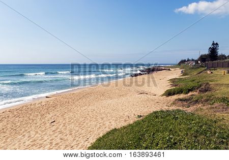 Dune Vegetation And Empty Beach Against Blue Ocean Skyline