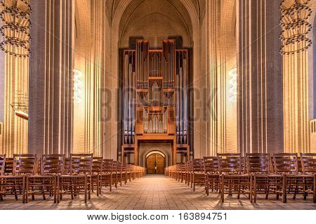 Copenhagen, Denmark - January 03, 2017: Interior photography of Grundtvigs Church with its pipe organ
